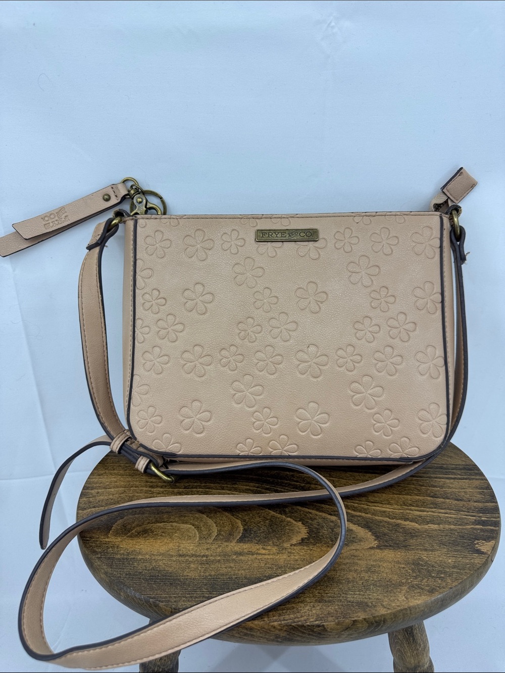 Frye and Co Embossed Daisy Flower Tan / Cream Leather Crossbody Bag Purse